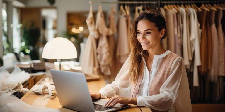 fashion designer happily working in her boutique
