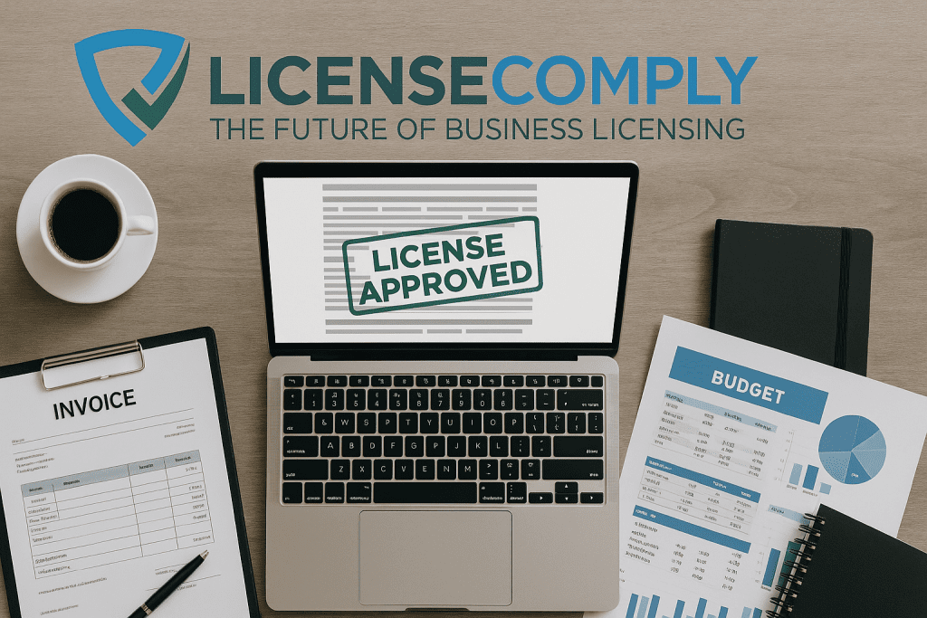 LicenseComply business license approval on laptop with invoice, budget reports, and coffee cup on office desk