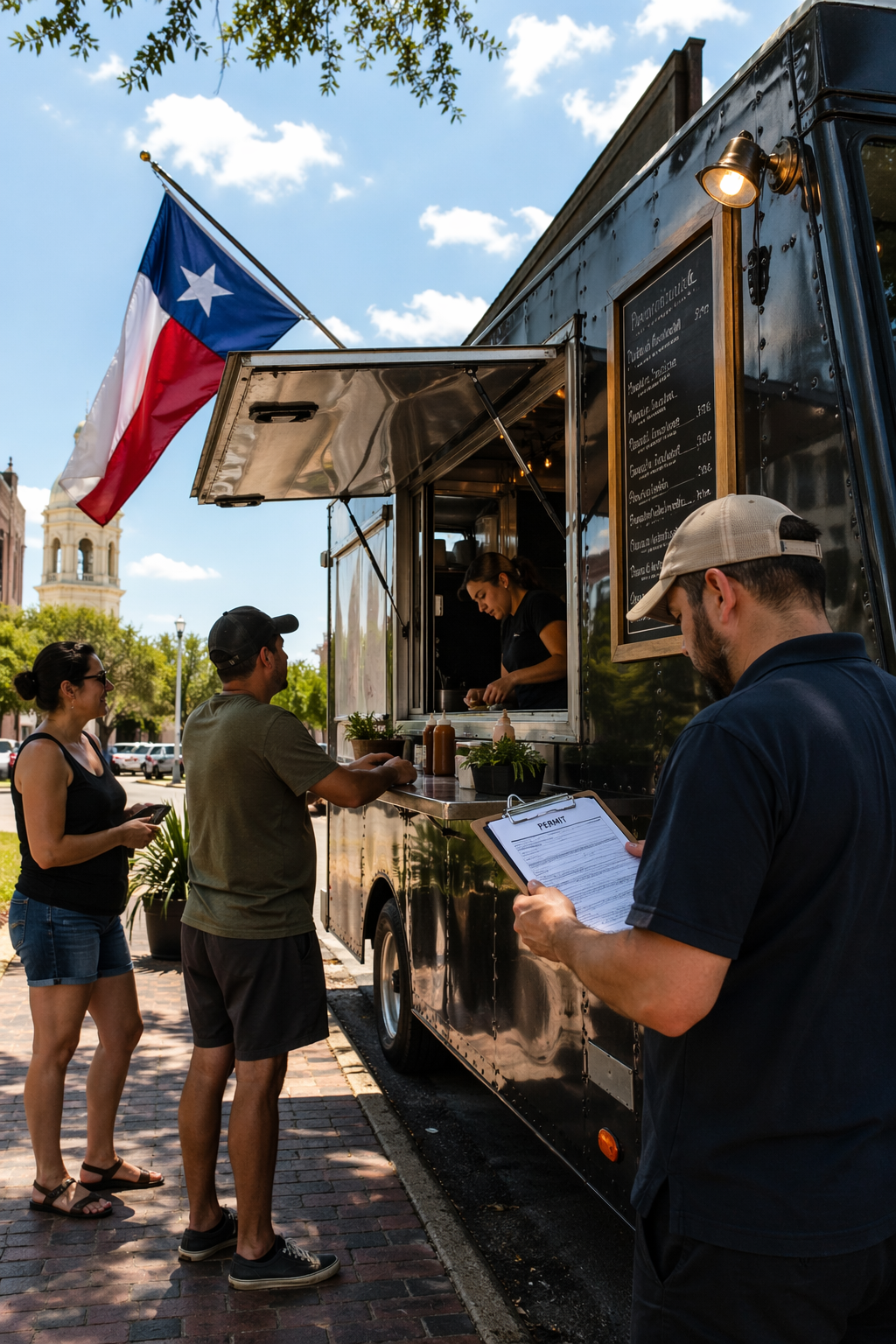 Texas food truck inspector reviewing a permit clipboard while customers order from a black food truck under a Texas state flag, illustrating mobile food vendor licensing changes for 2026