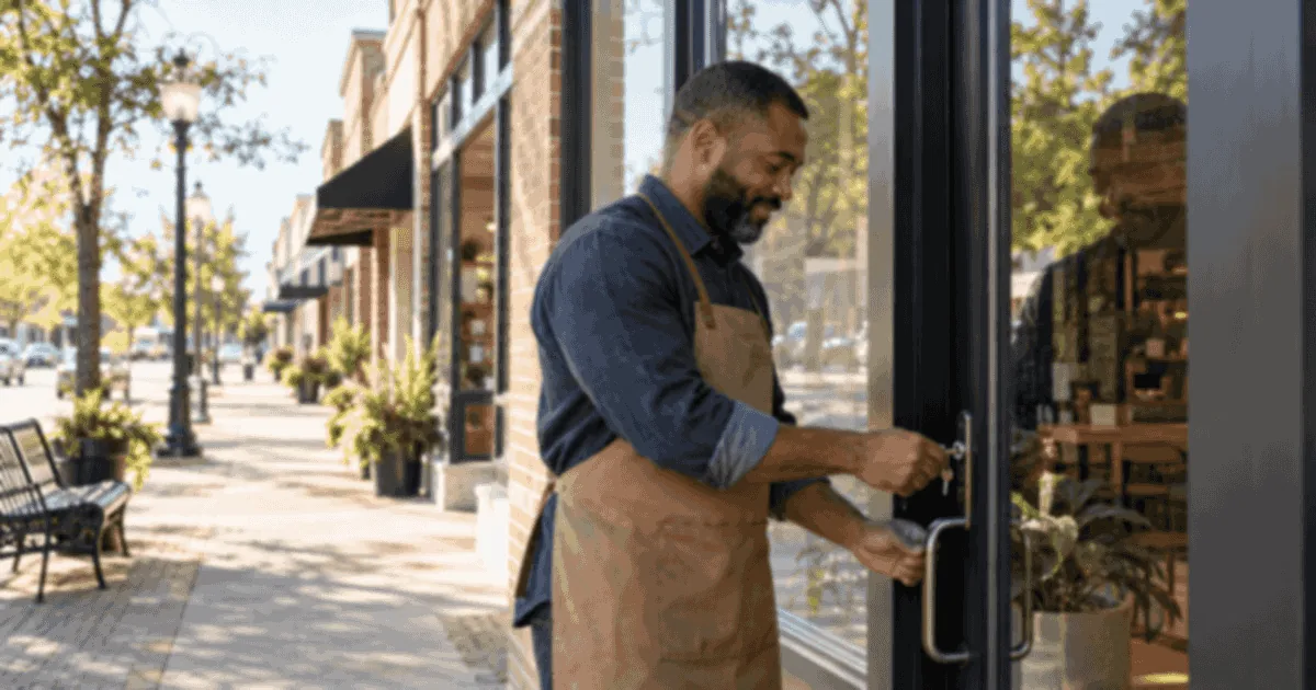 Small business owner opening a storefront before the Alabama business license renewal deadline.