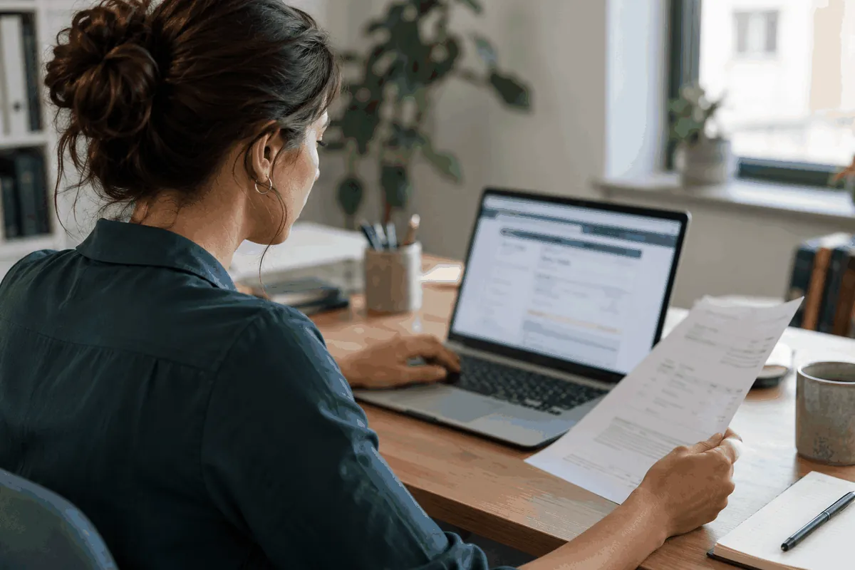 Business owner comparing a printed document with an online business license search on a laptop.