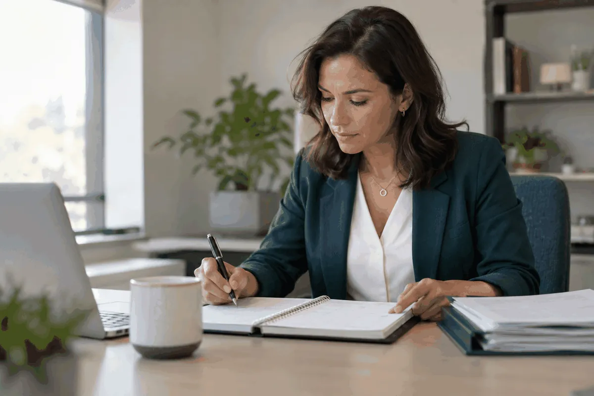 Operations manager reviewing a planner and business license records at a desk.