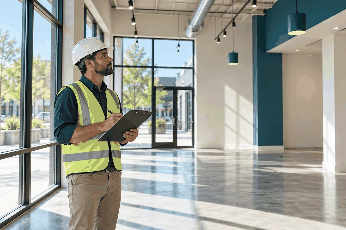Building inspector with a tablet reviewing an empty commercial space before occupancy.