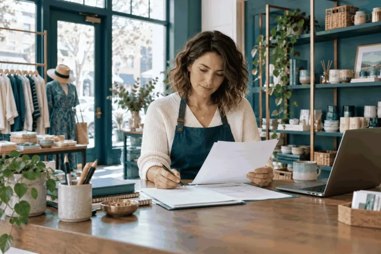 Shop owner reviewing business license application paperwork at a retail counter.