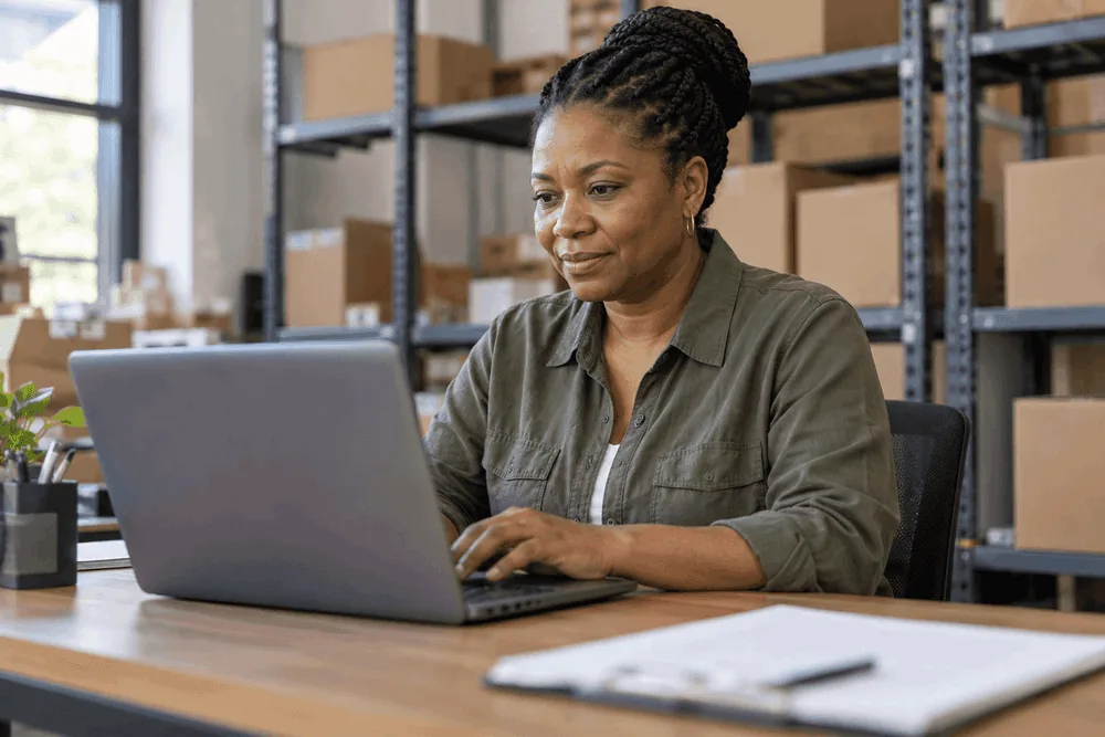 Operations manager completing a food facility registration renewal on a laptop.