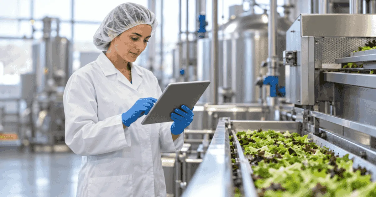 Food facility manager checking FDA food facility registration renewal details on a tablet in a processing plant.