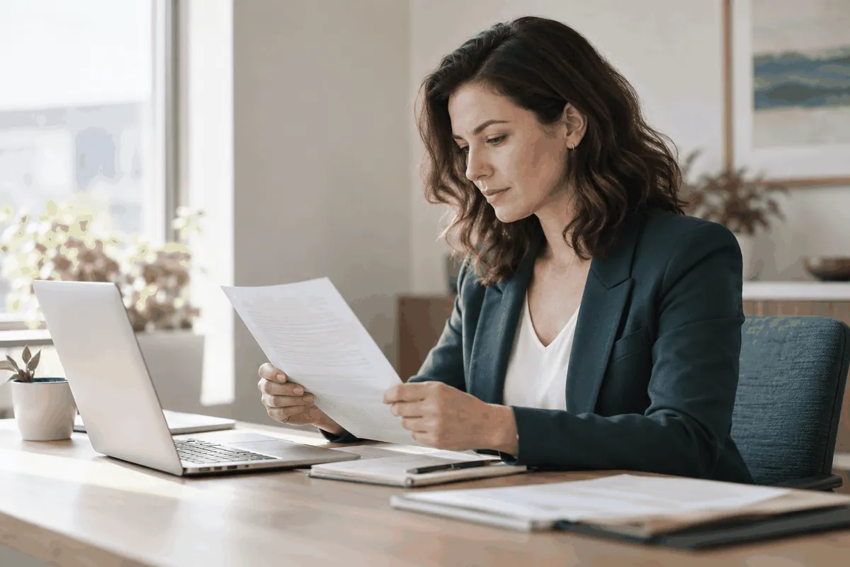 Business owner reviewing an IRS tax letter beside a laptop at a desk.