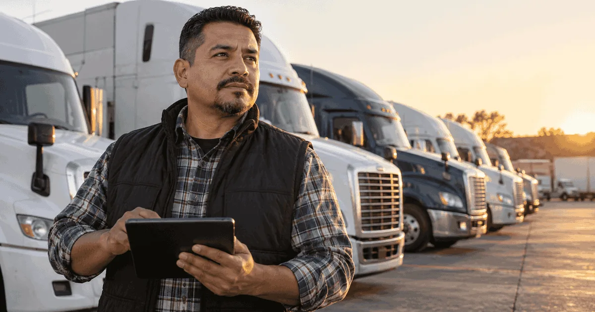 Fleet manager checking FMCSA Motus registration details on a tablet in a truck yard.