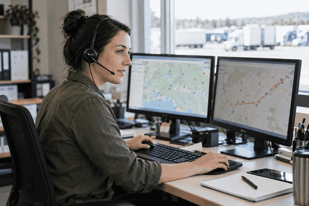 Dispatcher managing carrier account access in a logistics office.