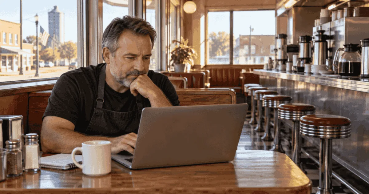 Restaurant owner checking Iowa food license renewal access on a laptop in a diner.