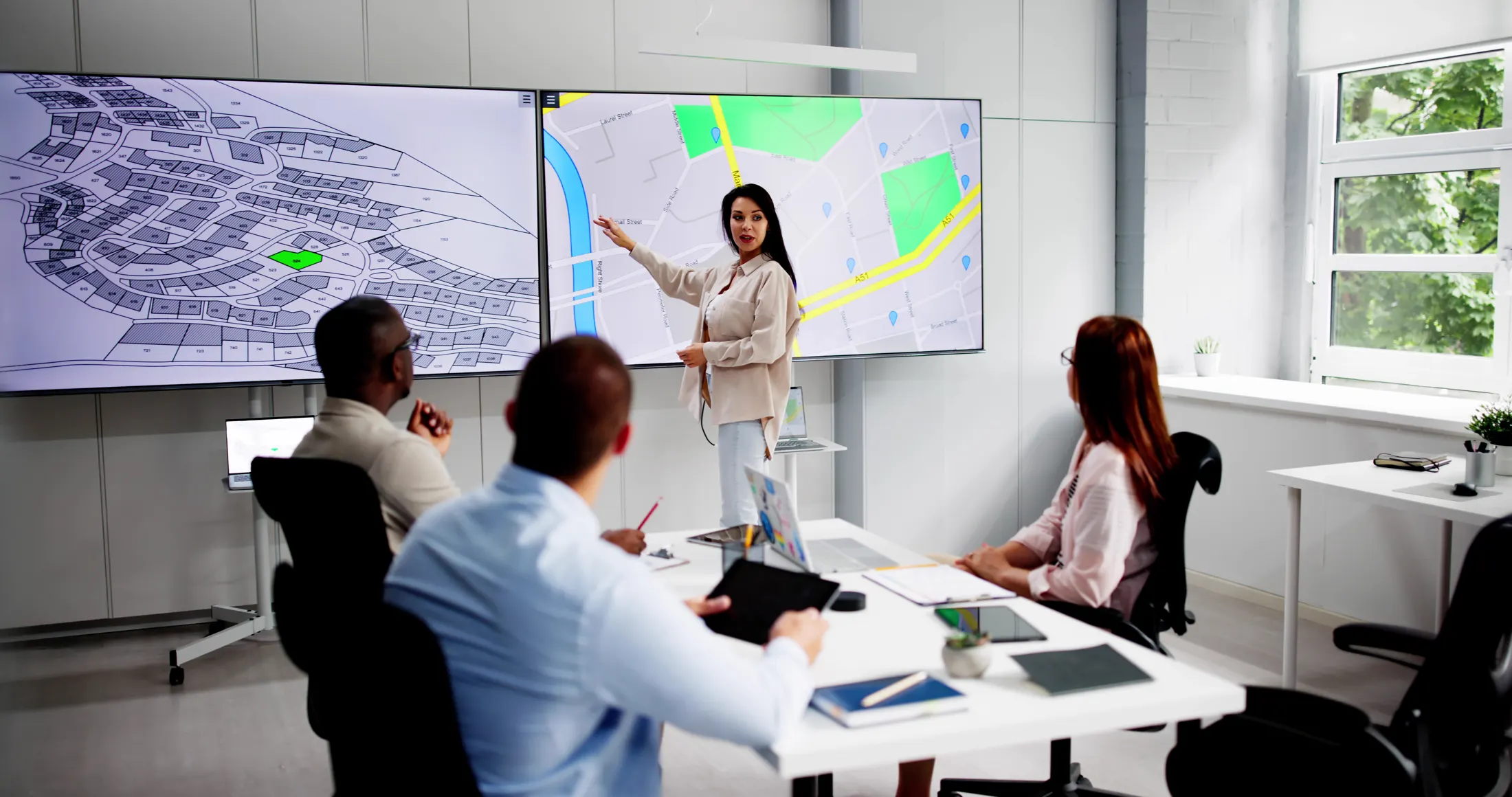 Team reviewing location maps on large screens