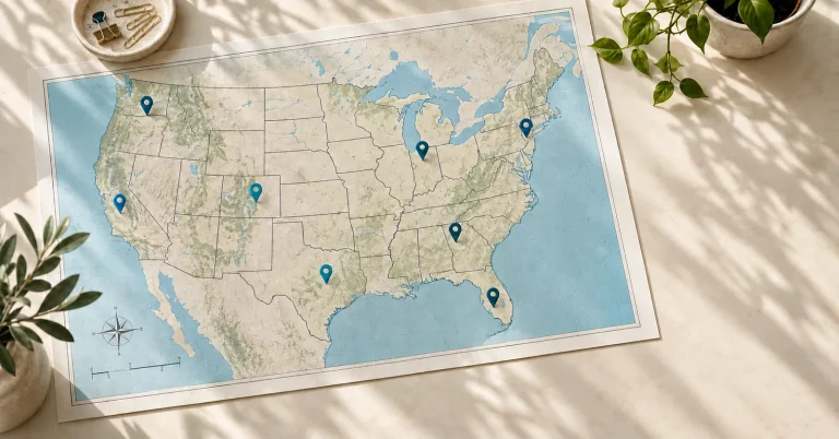 Map of the United States on a desk with location pins marking planned business locations in several states.