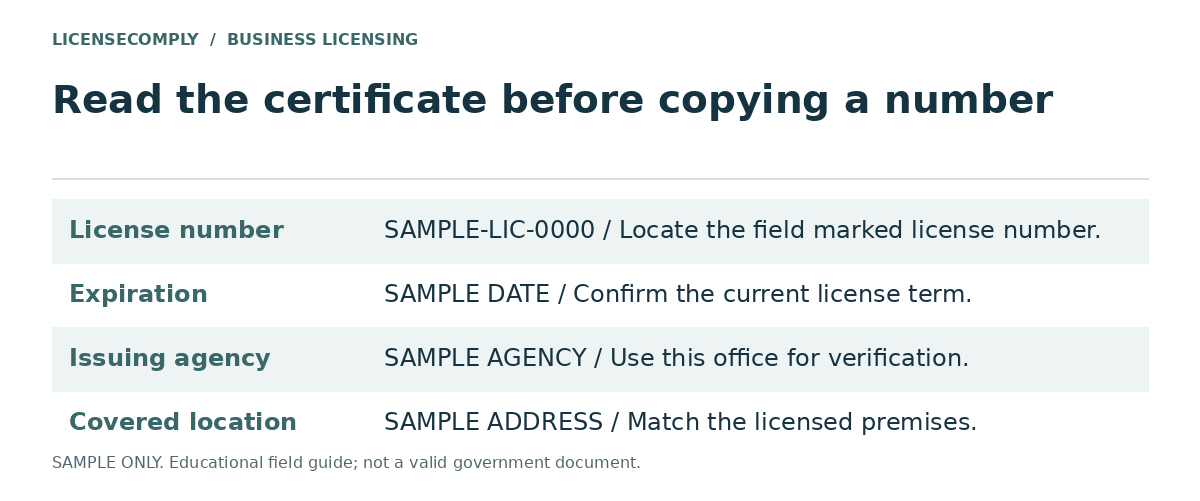 Sample business license field guide showing where to find the license number, expiration date, issuing agency and covered location. Sample only, not a real document.