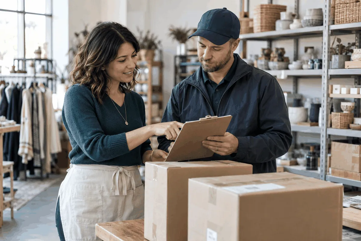 Retailer and delivery representative checking inventory paperwork beside shipping boxes in a shop.