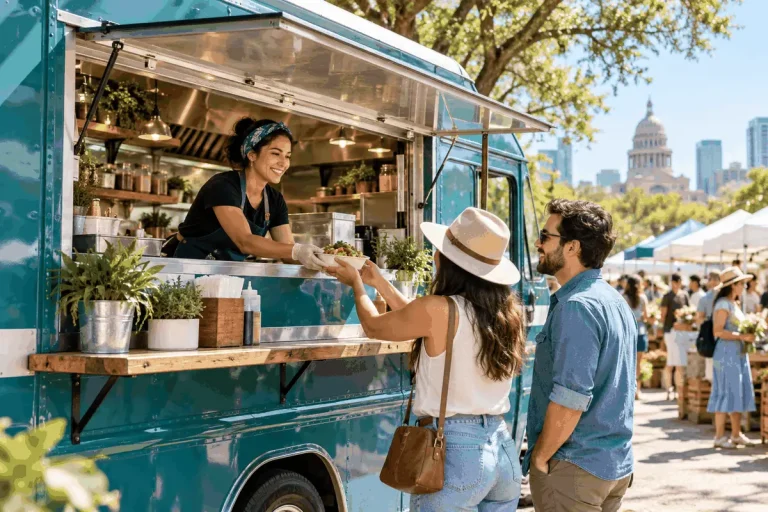 Food truck serving customers at an outdoor market with the Texas Capitol in the background.